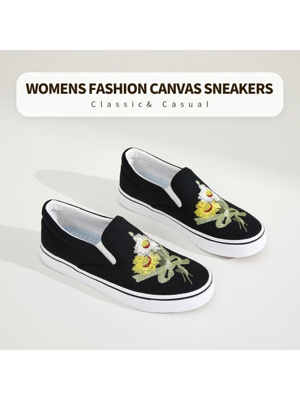 Women's Black Embroidery Flower Comfortable Low Top Slip on Loafer Sneaker Shoes - Picture 4 of 6